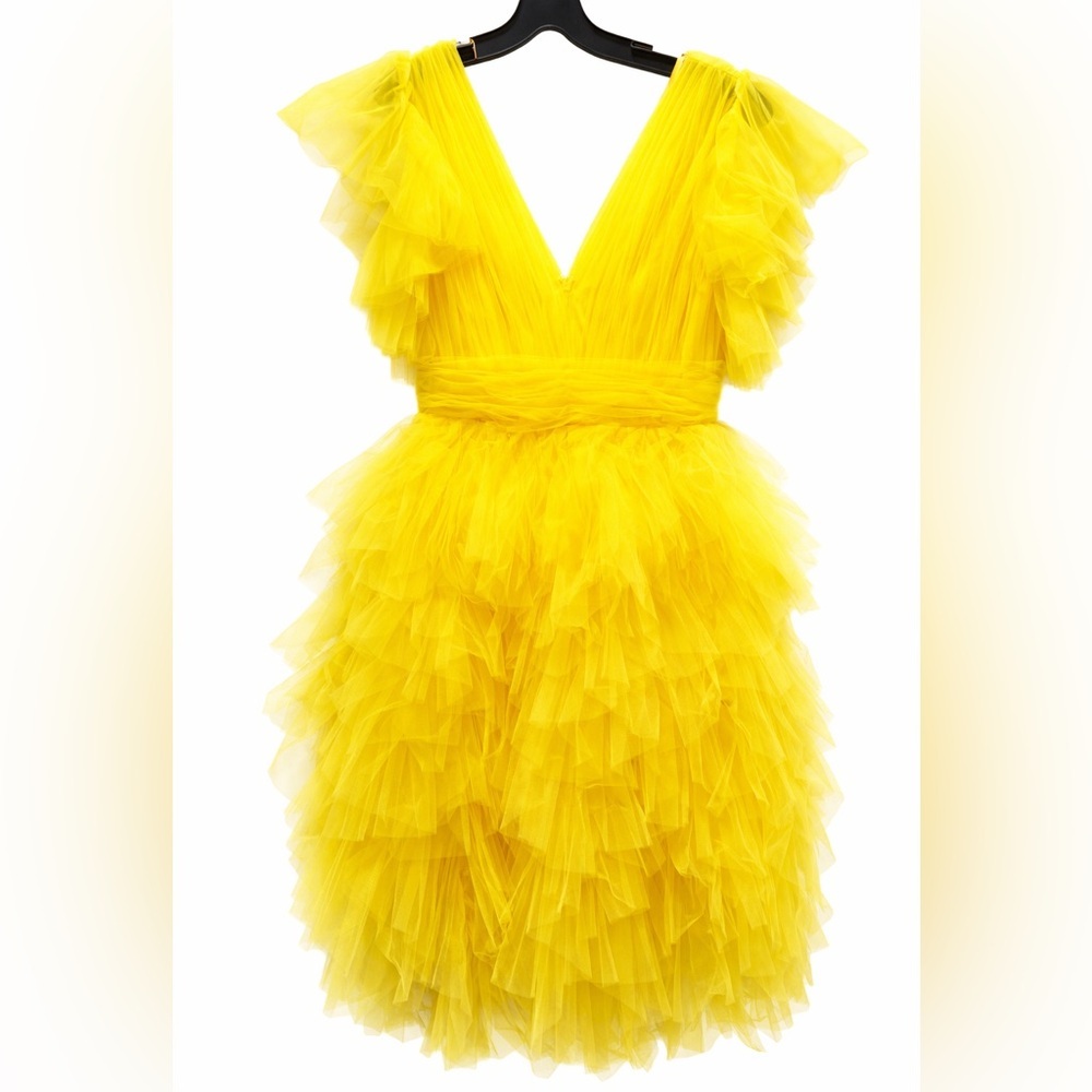 Mac Duggal Yellow Mini Cocktail Dress Tulle Flutter Sleeve NWT 0 Party Statement